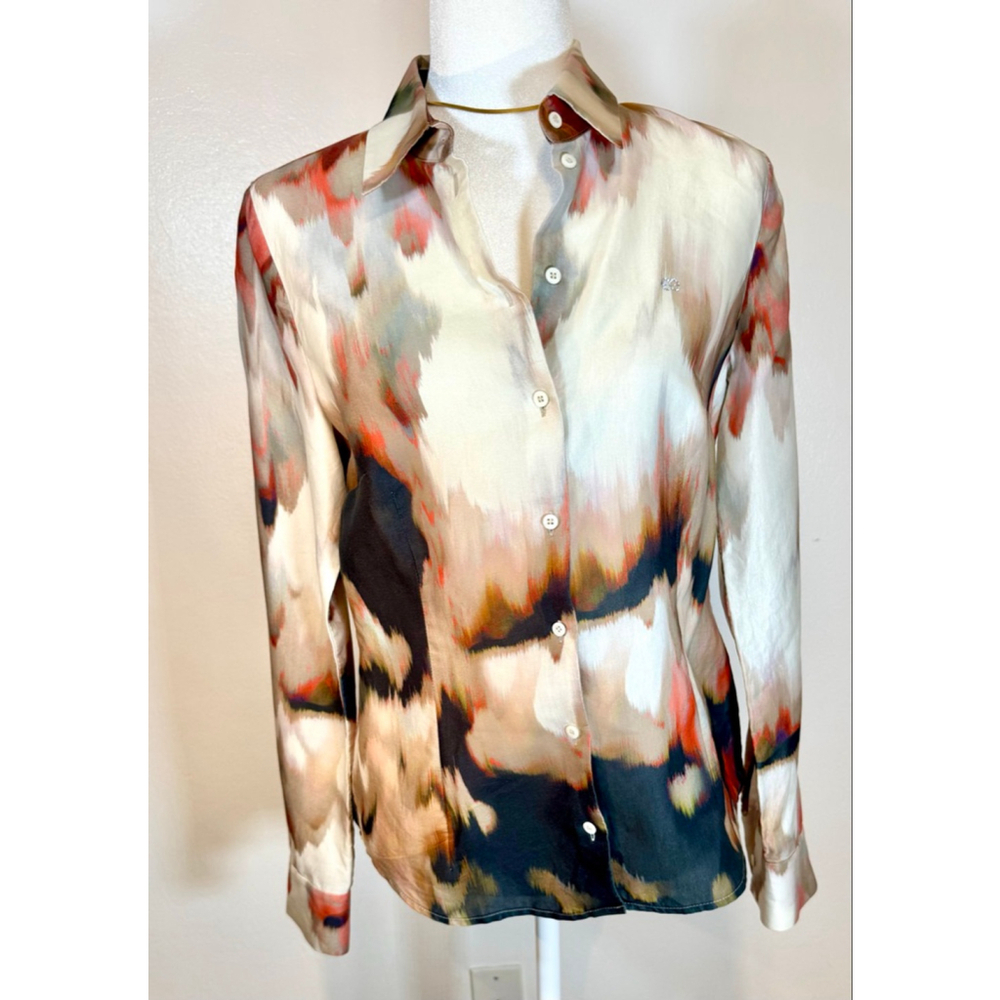 Escada Sport Abstract Print Button Down Shirt Beige Orange 38 European size.